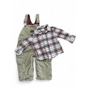 OshKosh Est.1895 Tan Red Plaid Overalls & Plaid Jumping Beans Flannel 12M